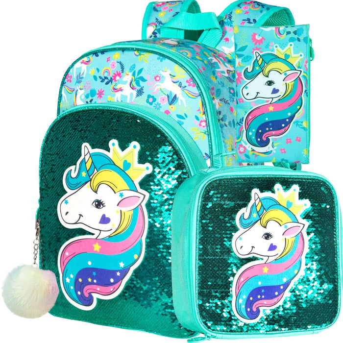 3 Piece Unicorn Backpack Set For Girls 16 Bookbag Lunch Box Sequin Design