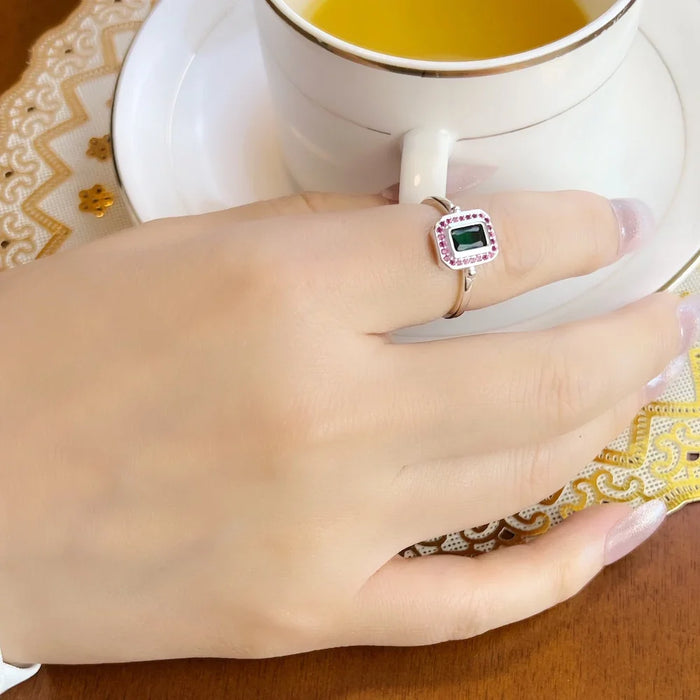 925 Sterling Silver Red & Green Stone Ring Fine Jewelry For Women