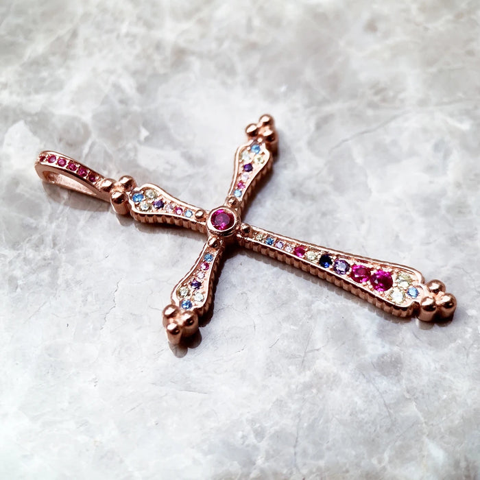 925 Sterling Silver Boho Royalty Rose Gold Cross Pendant For Women