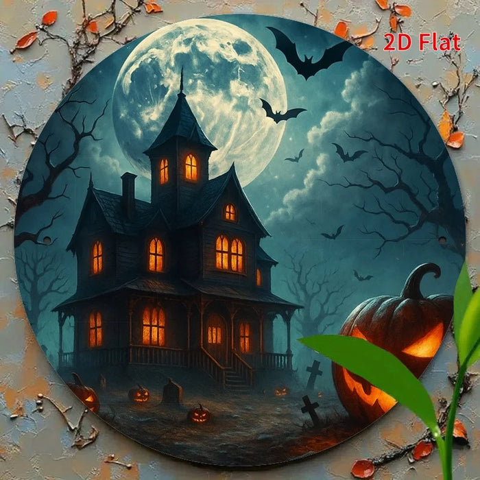 Vintage Round Iron Sign Haunted House & Pumpkin Lanterns