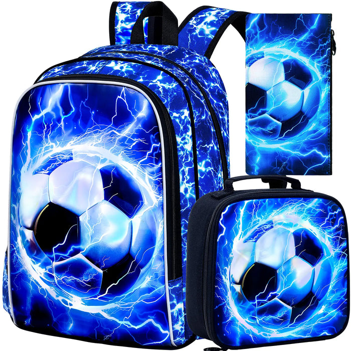 17 Inch School Bag Lunch Bag Set For Teens Water Resistant Soccer Pattern Fits Boys Men