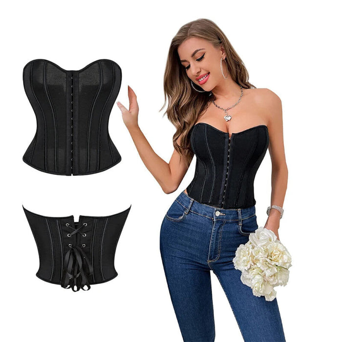 Alluring Sheer Mesh Ruched Corset Crop Top With Hook 14 Glue Bones O-Neck Strapless Sleeveless Corselet Tank Top