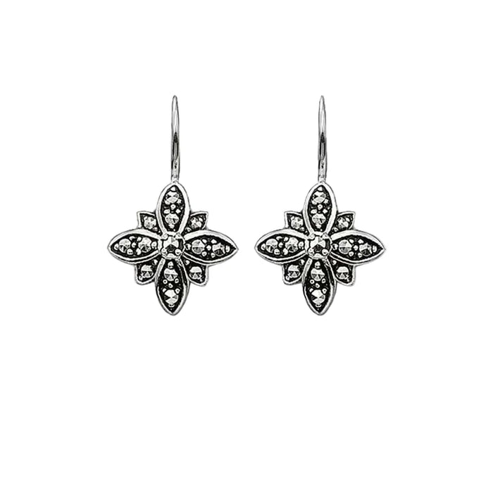 925 Sterling Silver Flower Star Drop Earrings Marcasite Zirconia For Women