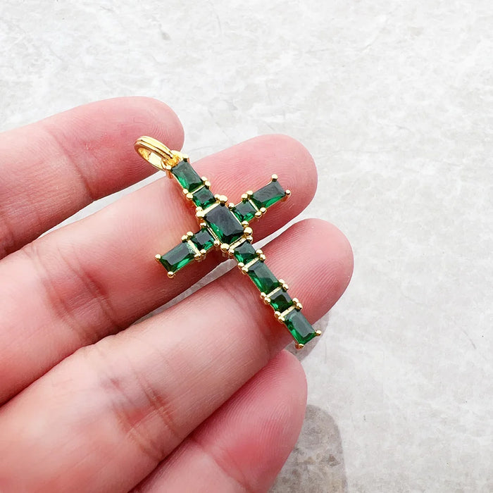 925 Sterling Silver Green Stone Cross Pendant Jewelry For Women