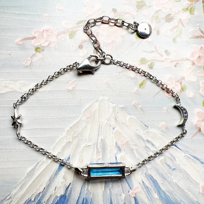 925 Sterling Silver Blue Stone Moon & Star Bracelet Boho For Women