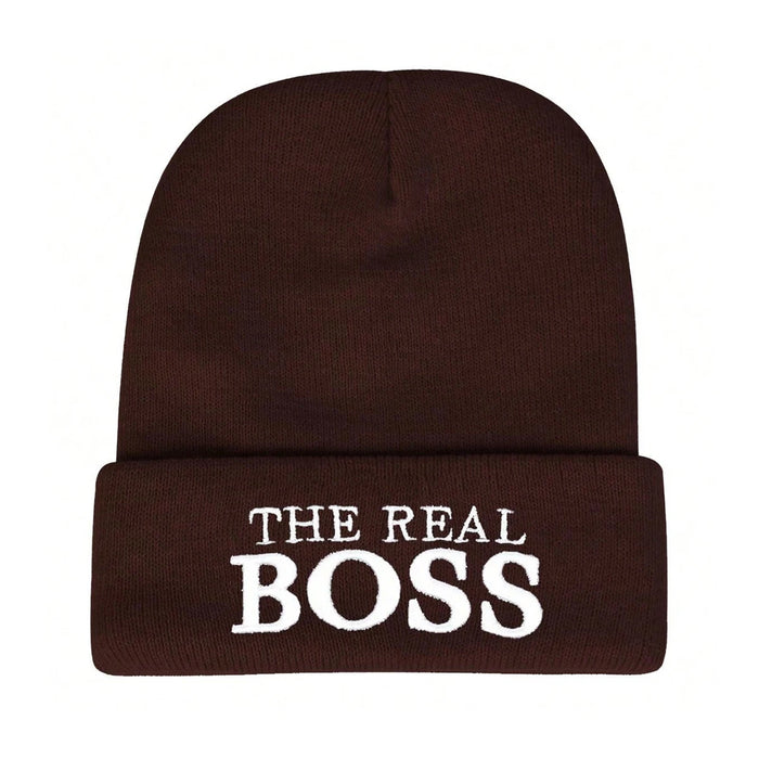 Unisex The Real Boss Embroidered Beanie Hat Autumn Winter Warm Cap For Women Men