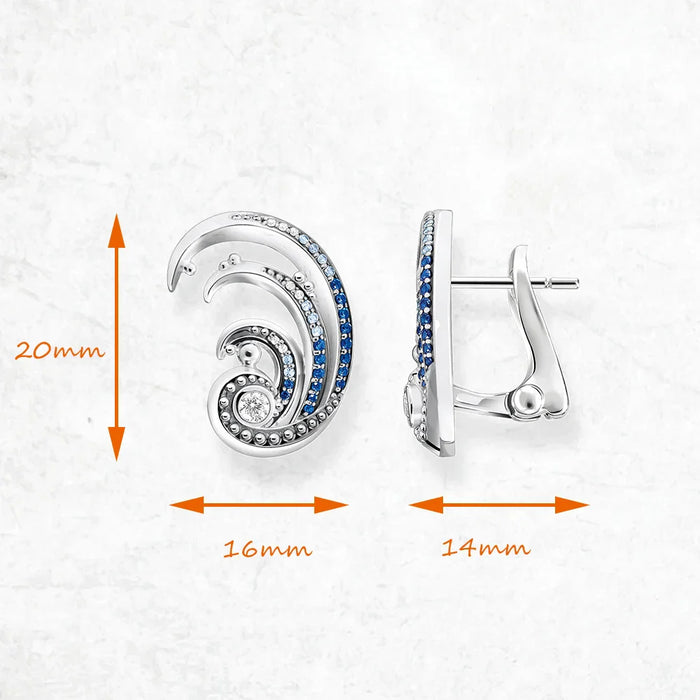 925 Sterling Silver Blue Stone Wave Ear Clip Nautical For Women