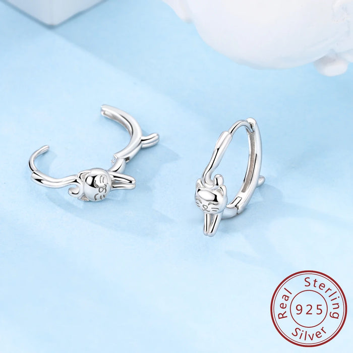 925 Sterling Silver Cat Hoop Earrings Vegetarian For Women & Girls