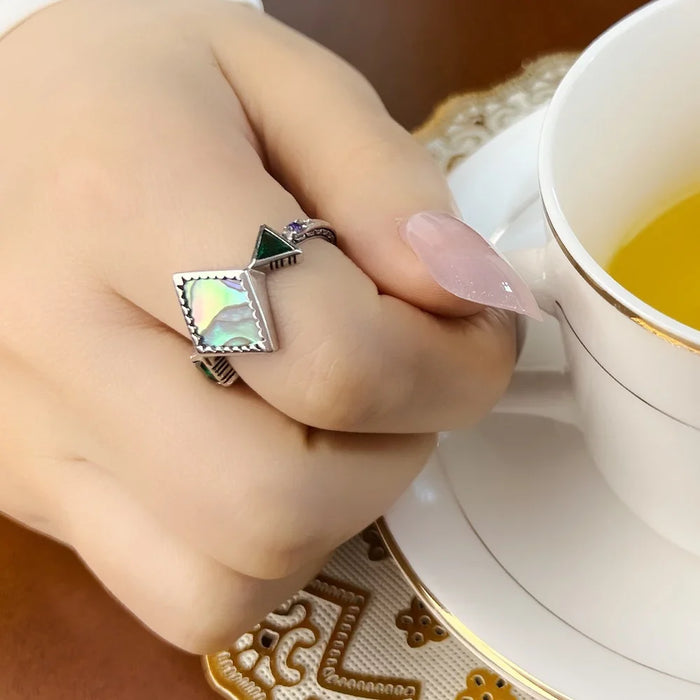 925 Sterling Silver Mother Of Pearl Abalone Zig Zag Ring