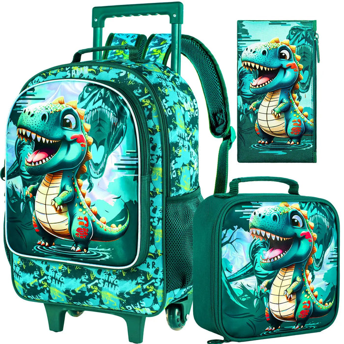 3 Piece Dragon Rolling Backpack Set For Boys School Wheels Lunch