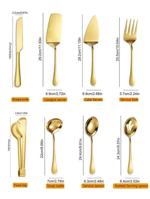 1 / 8 Piece Gold Stainless Steel Cutlery Set With Serving Utensils
