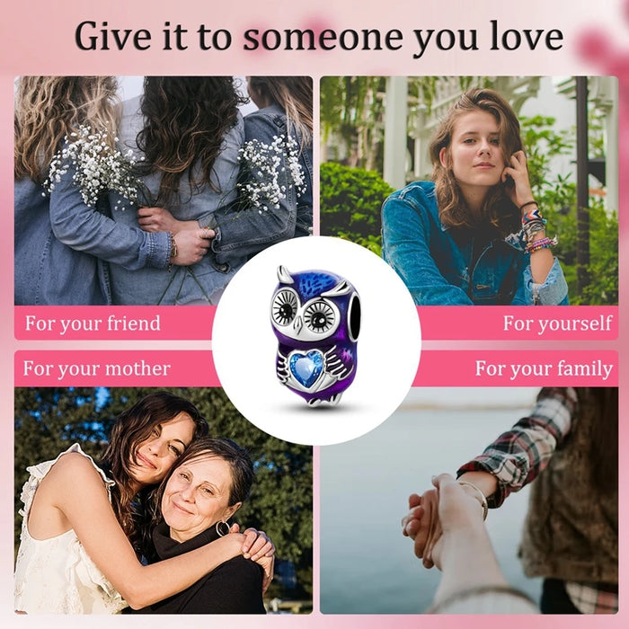 925 Sterling Silver Owl Heart Charm Pendant Fits Bracelet Diy Gift