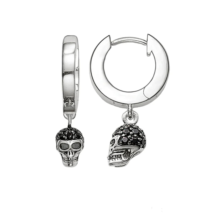 925 Sterling Silver Skull Pave Hinged Hoop Earrings Rebel Punk Jewelry For Women And Men