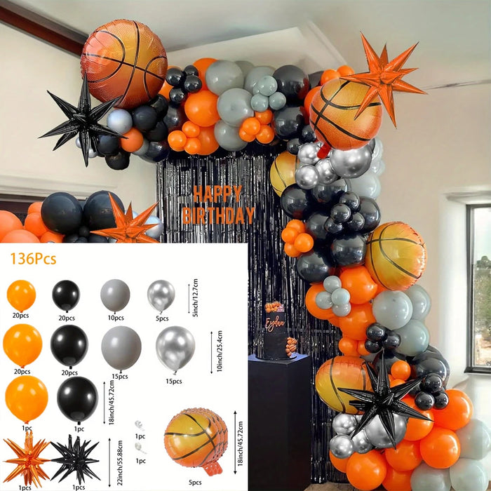 136Pcs Sports Theme Orange Basketball Balloon Garland Arch Kit Foil Starburst Balloons For Graduation Birthday Party Decorations