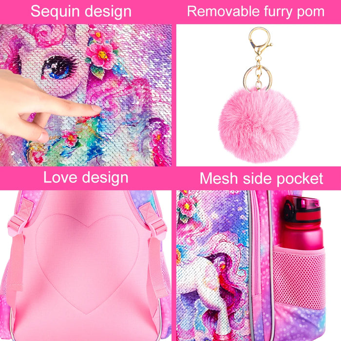3 Piece Unicorn Backpack Set For Girls 16 Inch Sequin Bookbag Lunch Box Preschool To Elementary