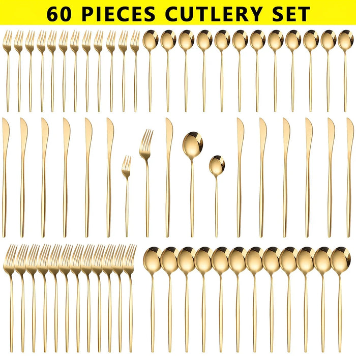 60 Piece Stainless Steel Golden Cutlery Set Mirror Polished Dishwasher Safe