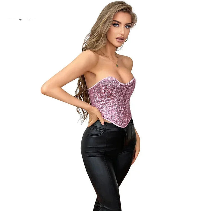 Sparkling Pink Back Lacing Bandage Strapless Corset Top Plus Size Underwear With Sequin Detailing