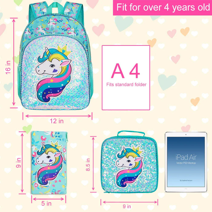 3 Piece Unicorn Backpack Set For Girls 16 Inch Bookbag With Lunch Box Elementary School