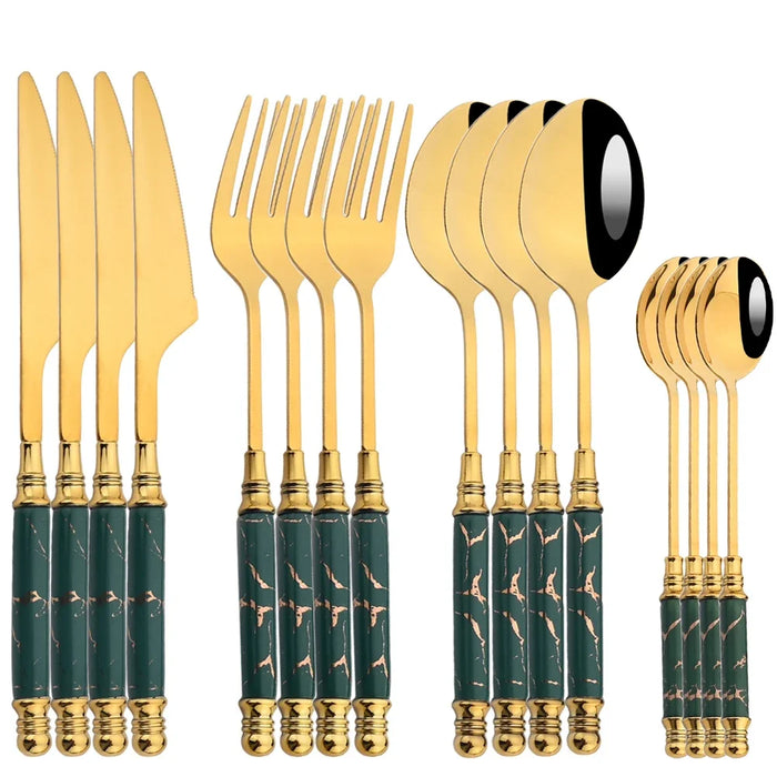 16 Piece Stainless Steel Cutlery Set With Ceramic Handle And Gold Finish