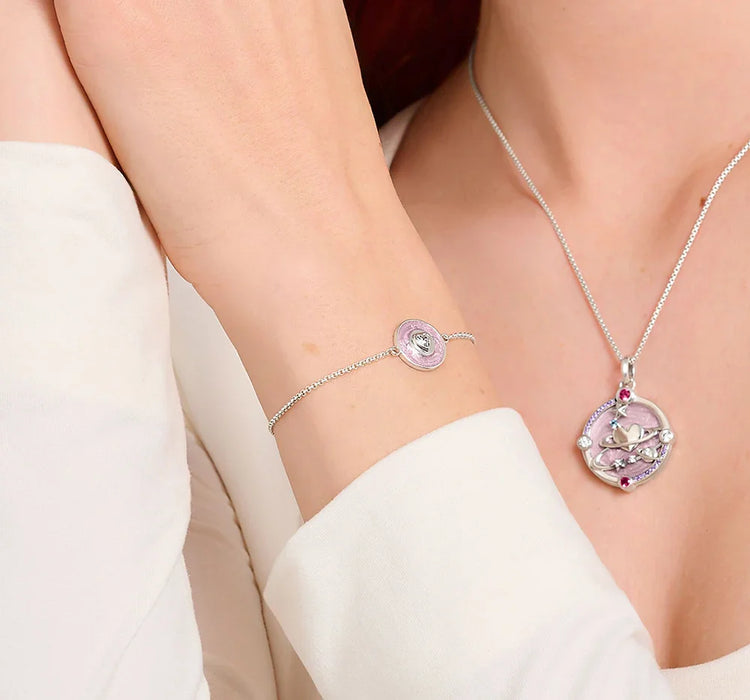 925 Sterling Silver Romantic Gift Pink Disc Heart Bracelet Zircon Jewelry For Women