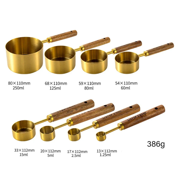 8 Piece Gold Stainless Steel Measuring Set With Wooden Handles