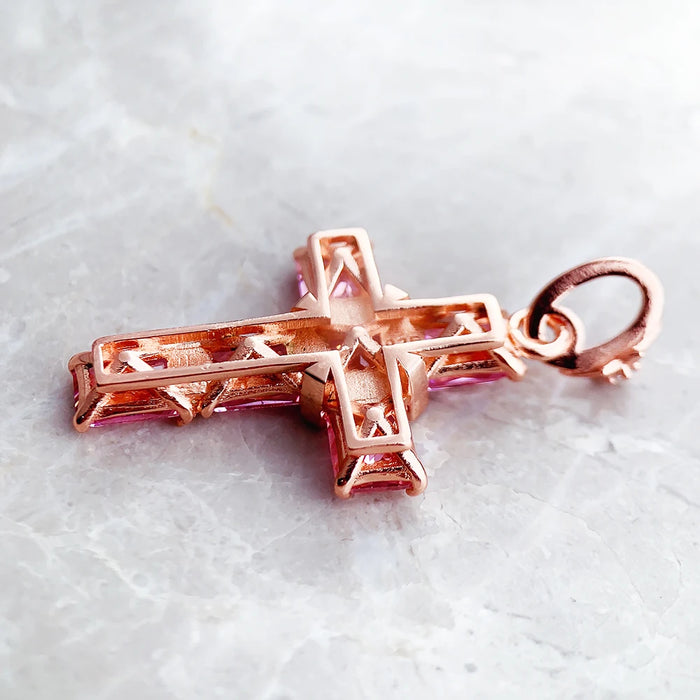 925 Sterling Silver Rose Gold Plated Cross Pendant With Pink Stones Fine Jewelry For Women Star Design Gift From Europe