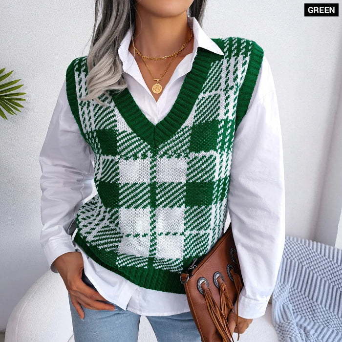 Plaid Sleeveless Sweater Vest For Women