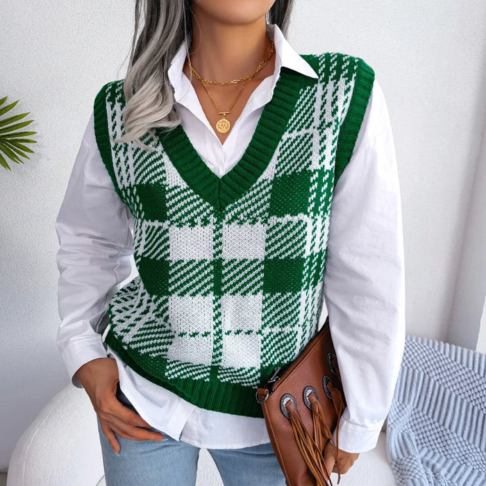 Plaid Sleeveless Sweater Vest For Women