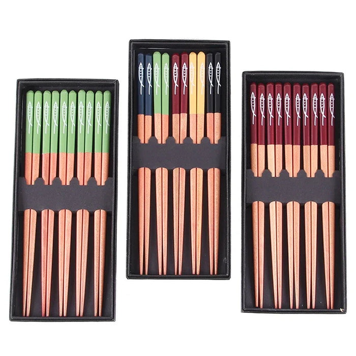 5 Pairs Wooden Chopsticks Set Non Slip Multi Colour Gift Box