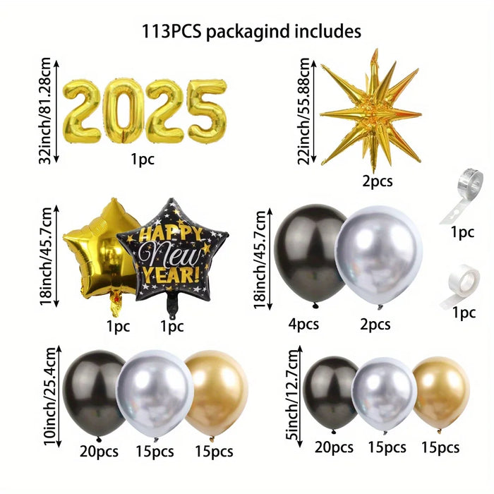 2025 Happy New Year Balloons 113Pcs Black And Gold Balloons Suitable For New Year Reunion Celebrations Birthday Parties Etc