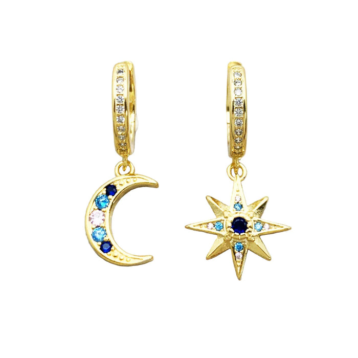 925 Sterling Silver Boho Star & Moon Hinged Hoop Earrings In