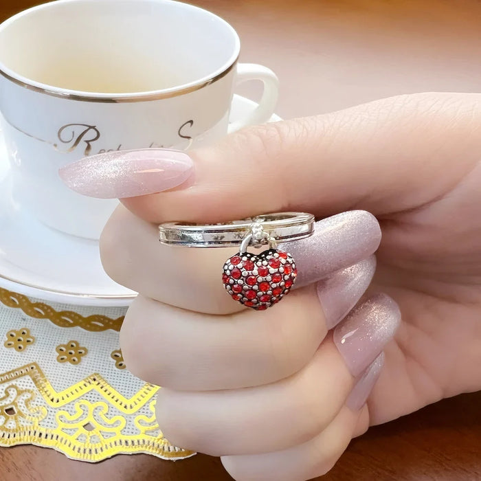 925 Sterling Silver Romantic Gift Red Heart Pave Ring