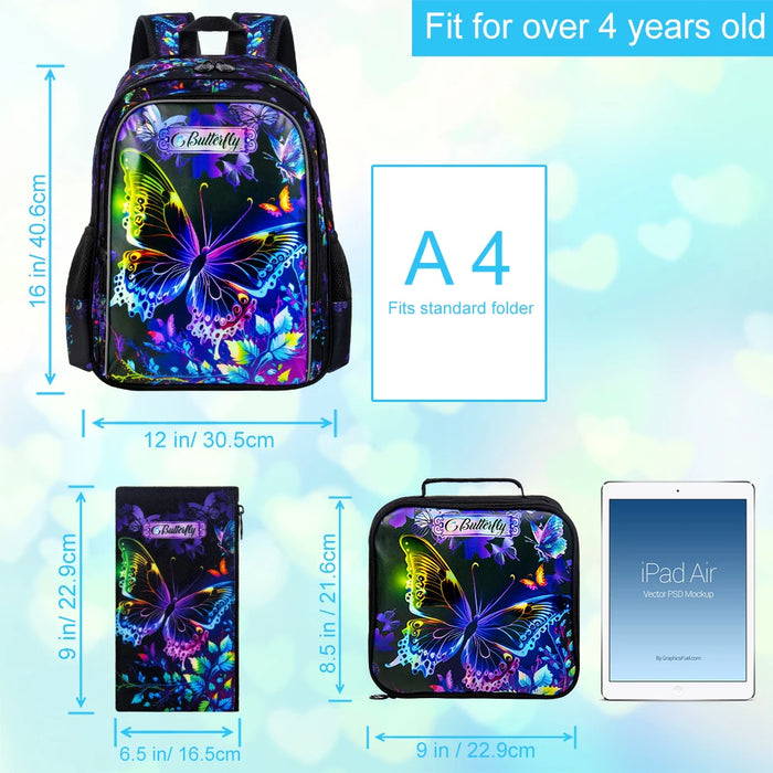 3 Piece 16 Inch Girls Butterfly Backpack Set With Lunch Box For School Preschool Kindergarten