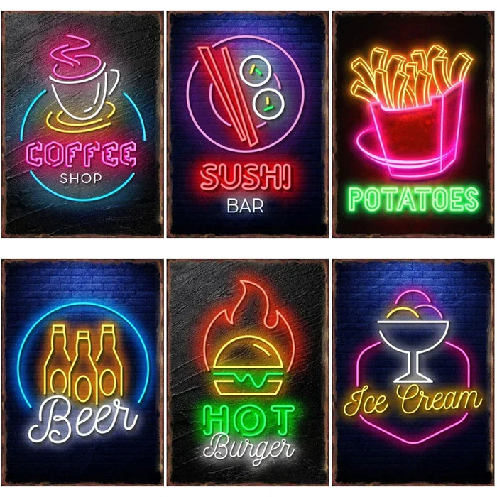 Retro Neon Food Sign Fast Food French Chips Fine Wine Coffee Shop Art