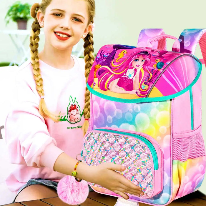 3 Piece Mermaid Backpack Set For Girls 15 Inch Sequin Bookbag With Lunch Box