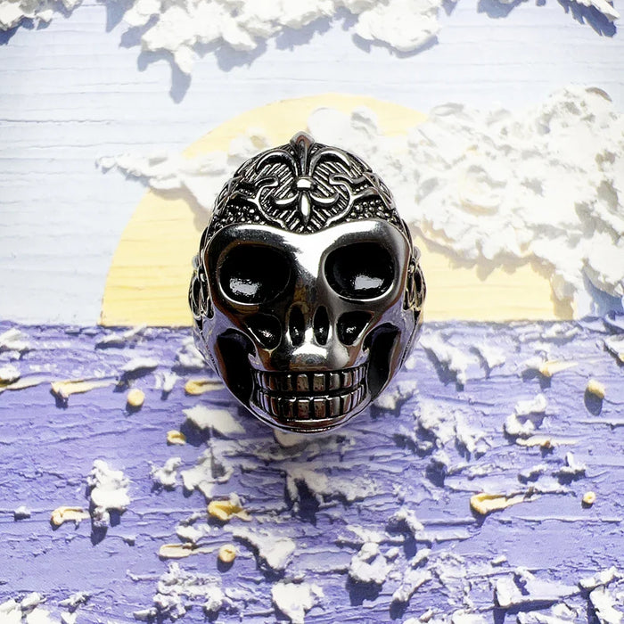 925 Sterling Silver Vintage Blackened Lily Skull Ring Men / Women