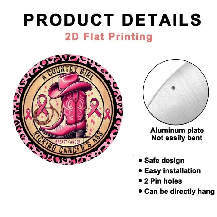 Breast Cancer Awareness Sign Country Girl Kickin' Cancer Pink Cowboy Boot & Hat