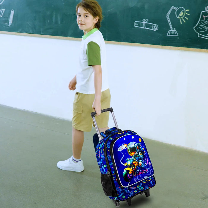3 Piece Astronaut Rolling Backpack For Boys Water Resistant Uv Printed Fits Kids School Travel