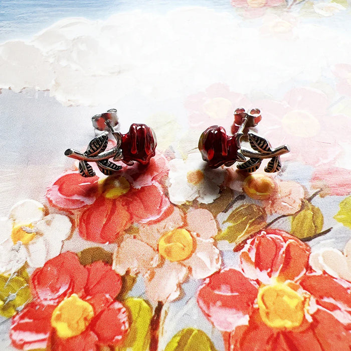 925 Sterling Silver Real Red Rose Stud Earrings For Women