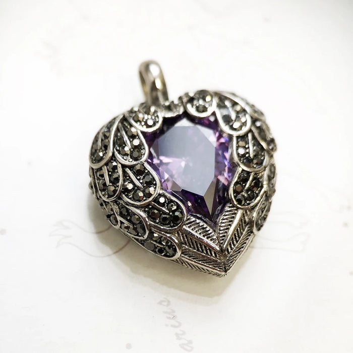 925 Sterling Silver Purple Winged Heart Pendant Glam Jewelry Gift For Women