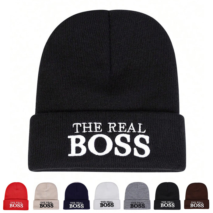 Unisex The Real Boss Embroidered Beanie Hat Autumn Winter Warm Cap For Women Men