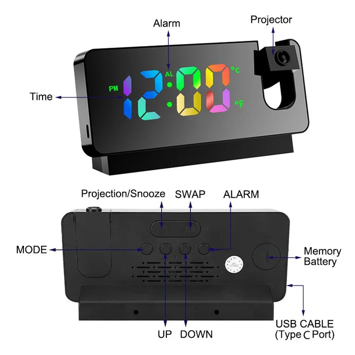 Digital Projection Alarm Clock Rechargeable 180 Degree Rotation Large Led Display