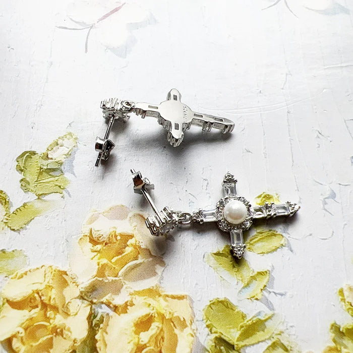 925 Sterling Silver Romantic Gift White Stone Cross Earrings Lucky For Women
