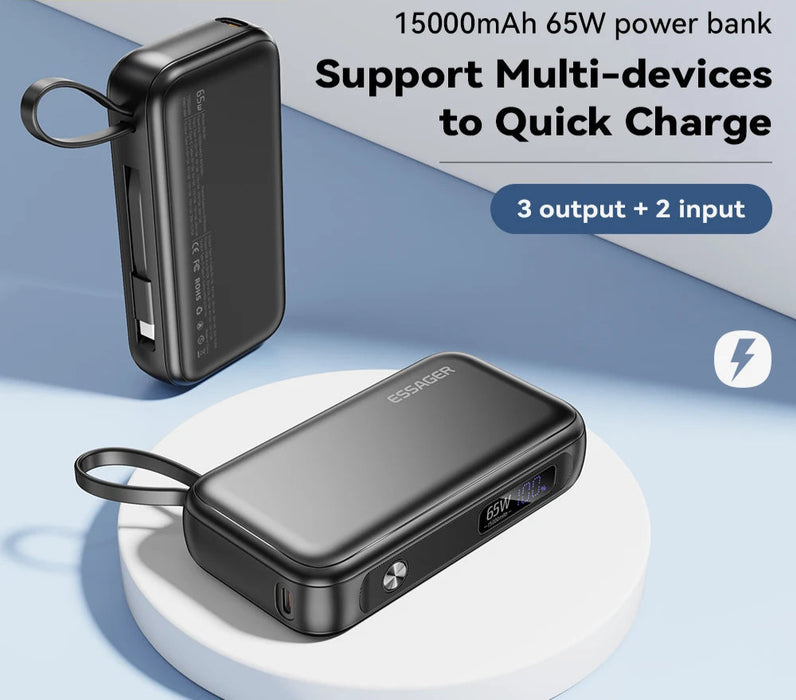 Power Bank Portable 15000Mah In With Usb C Cable External Spare Battery Pack For Iphone Ipad Macbook 65W Fast Charger