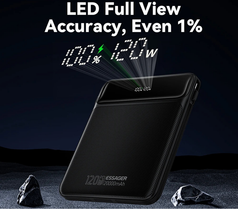 120W 20000Mah Power Bank With Two Built-In Cables 100W Pd Fast Charging For Iphone 16 15 14 Pro Max Ipad Macbook Laptop