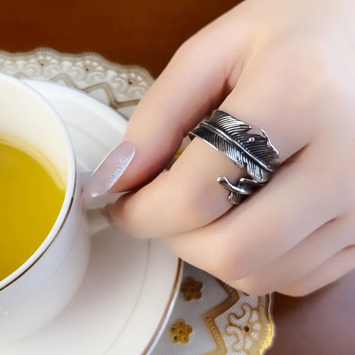 925 Sterling Silver Vintage Feather Ring Unisex In 316L Steel Titanium