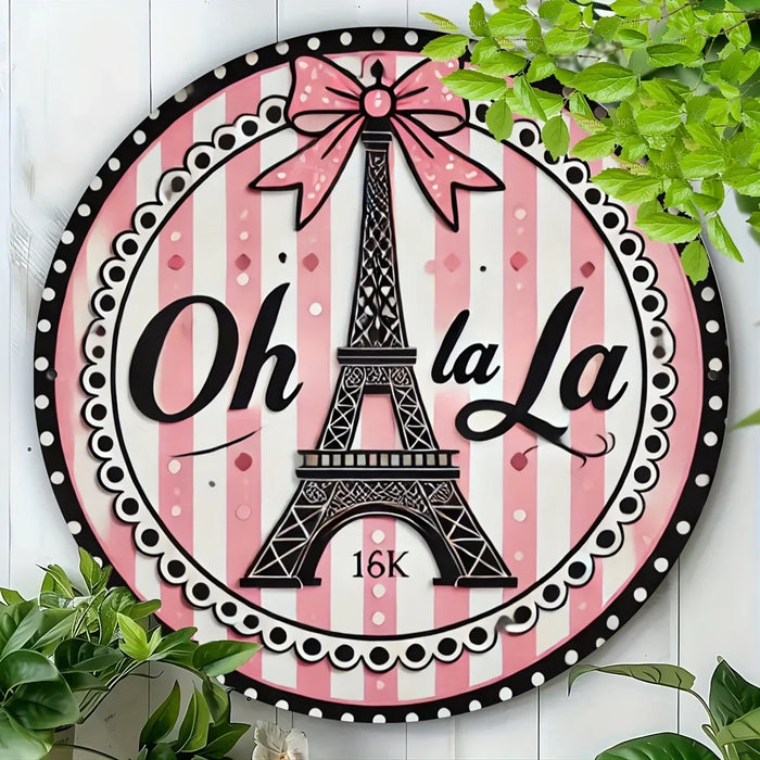 Eiffel Tower Metal Sign 8X8 Inch Round Pink & Black Stripes Festive Bow