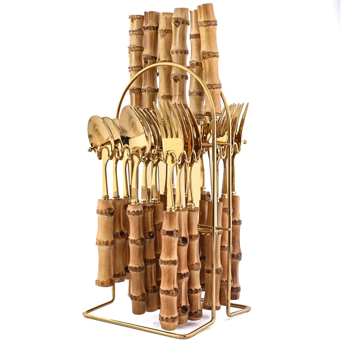 24 Piece Bamboo Handle Stainless Steel Flatware Set
