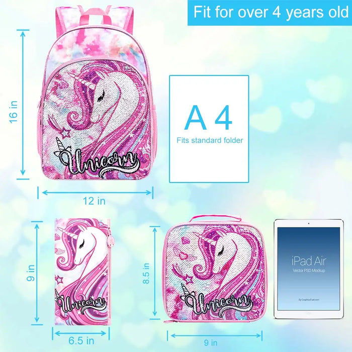 3 Piece Kids Backpack Set 16 Inch School Bag With Lunch Box Unicorn Dinosaur Design