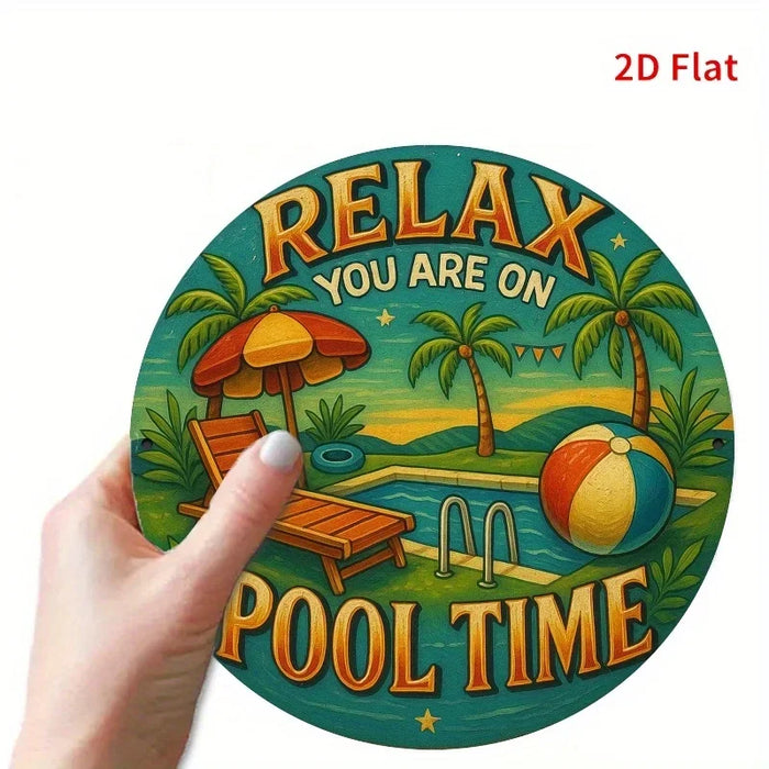 Vintage Pool Time Metal Sign Palm Trees & Lounge Chairs